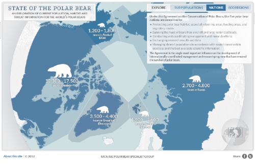 The “Nations” page of the Polar Bear Specialist Group’s “State of the Polar Bear,” a dynamic summary that can be launched from the home page of the IUCN PBSG  http://pbsg.npolar.no/en/dynamic/app/ [published Oct. 15, 2012] Click to enlarge.