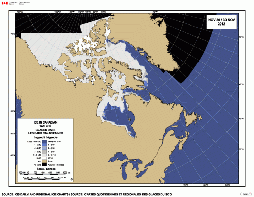 Figure 4. Sea ice extent in Hudson Bay at November 30, 2012. From CIS.