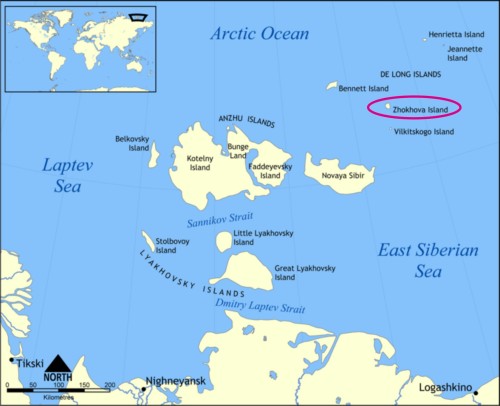 Figure 1. Map of the New Siberian Islands off Siberia, with tiny Zhokhov Island circled. Map from Wikipedia