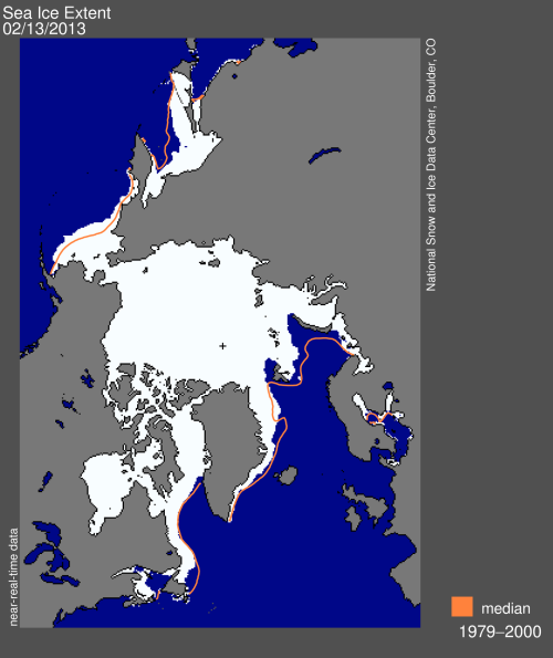 Sea ice extent on February 13, 2013. NSIDC. Click to enlarge.