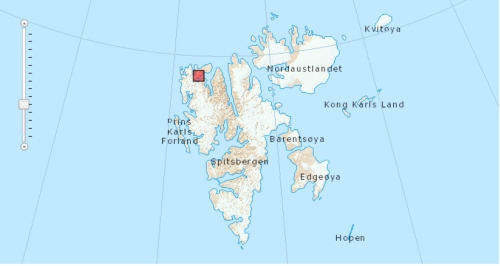 Figure 1. The Norwegian newpaper, The Local (Aug. 7, 2013), identifies the location that the bear was found as “a small island near Texas Bar” (marked by the square on the above map) in the very north of Spitsbergen and states it was found on July 7 – details other reports did not bother to include. To have been 250km south of that position in April (when he was tagged), he must have left the ice near the southern tip of Spitsbergen when there was still lots of ice further north.