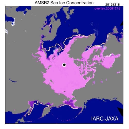 Figure 3. This image shows this year’s ice levels at 18 December 2013 (white) overlaid with 18 December 2009 in purple. Areas that were the same both years show as pink: greater extent for 2013 show as white, while greater extent for 2009 show as purple. The orange line is the average extent for the 1980s for this date. While there was certainly more ice in the 1980s than in the 2000s, there was ice where polar bears needed it in all decades (see Fig. 1, 30 October panel). Map from JAXA (Japan Aerospace Exploration Agency), “Arctic Sea Ice Monitor.” Click to enlarge.