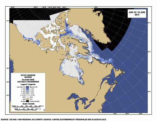 Figure 1. Current conditions on Hudson Bay, the region where polar bears are said by biologists to be the most at risk. Spring and early summer is the most important time for polar bears, when they all feed heavily to put on fat to last them through a fast later in the summer if need be: lots of ice on Hudson Bay for the feeding bears right now, even in the south. Map courtesy the Canadian Ice Service. 