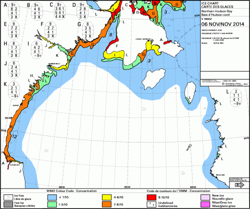 Figure 3. Sea ice development in Northern Hudson Bay at 6 November 2014, showing freeze-up well underway all the way down to “Polar Bear Capital of the World” at Churchill. Courtesy Canadian Ice Service.
