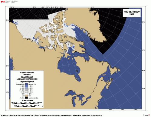Figure 2. Sea ice concentration in Canada at 8 November 2013, less ice than this year at this time. Courtesy Canadian Ice Service.