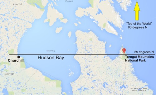 Figure 1. Location of the 2013 polar bear attack on Matt Dyer, in Torngat Mountains National Park, Labrador, Canada. At latitude ~59 degrees North, the park is on almost the same latitude as Churchill, Manitoba (~58 degrees N), but is about 2,070 miles away from the North Pole (“the top of the world”).