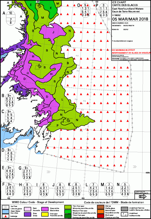 Newfoundland daily sea ice stage of development 2018 March 5 ice warning