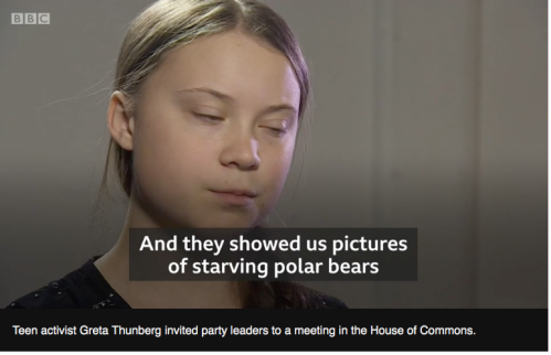 BBC video screencap with Thunberg video quoting starving pb images_23 April 2019